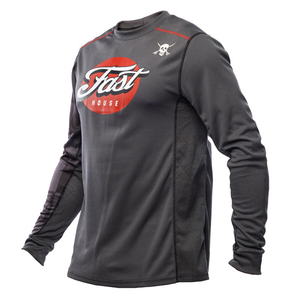 High-resolution studio image of Fasthouse - Sanguaro Tasker Jersey; showing fabric texture, panel layout, and graphics; SKU 39318007; Colors: Charcoal