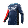 Fasthouse Grindhouse Hudson Youth jersey Blue/Red — front view; white “FASTHOUSE SPEED SHOP” chest graphic, red left sleeve, mesh side panels.