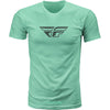 High-resolution studio image of Fly Racing F-wing Tee; showing tee fit, printed graphics, and crew neckline; SKU 352-0611S; Colors: Navy/Grey, Sage/Grey