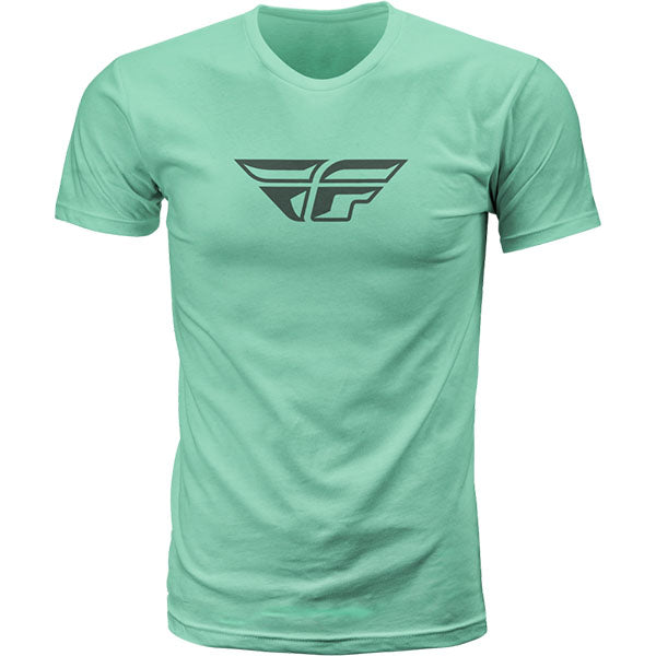 High-resolution studio image of Fly Racing F-wing Tee; showing tee fit, printed graphics, and crew neckline; SKU 352-0611S; Colors: Navy/Grey, Sage/Grey
