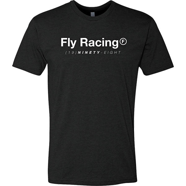 Studio photo on a white background of Fly Racing Trademark Tee; showing tee fit, printed graphics, and crew neckline; SKU 354-0313S; Sizes: S-2XL