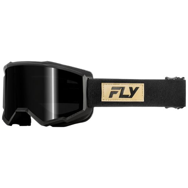 Studio view of Fly Racing Fly Racing - Focus Sand Goggle goggles, in Black and Tan - Dark Smoke Lens, strap and lens frame, on a white studio background, for motocross / off‑road use, (SKU 37-51140) | Available at BTO Sports.