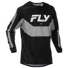Studio view of Fly Racing Fly Racing - Kinetic Jersey, in Black and Grey, lightweight, breathable fabric, on a white studio background, for motocross / off‑road use, (SKU 379-420S) | SKU: 379-420S | Available at BTO Sports
