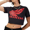 Clean studio shot of Fox Racing Fox x Honda Baby Tee (Womens); showing tee fit, printed graphics, and crew neckline; SKU 33587-001-XS; Sizes: XS-XL