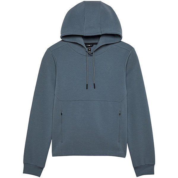 Front view of Fox Racing Women's Rise Pullover Hoodie in Heather Graphite (SKU: 34847-332), featuring articulated fit and bonded hood