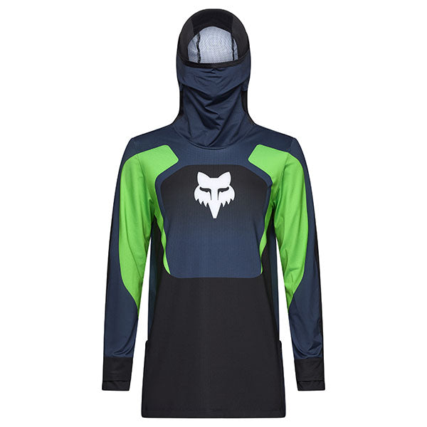 Front view of Youth Ranger Drive Jersey in Navy/Green, showing integrated neck buff and breathable UPF 50-rated fabric