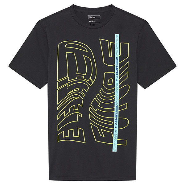 Professional studio photo of Fox Racing Elevated Premium Tee; showing tee fit, printed graphics, and crew neckline; SKU 33432-001-S; Sizes: S-2XL