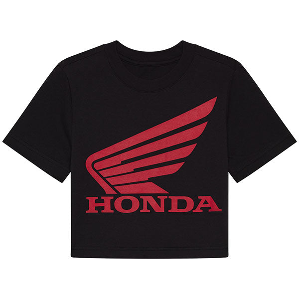 High-resolution studio image of Fox Racing Fox x Honda Baby Tee (Womens); showing tee fit, printed graphics, and crew neckline; SKU 33587-001-XS