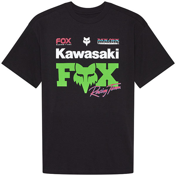 High-resolution studio image of Fox Racing Fox x Kawasaki Oversized Tee (Womens); showing tee fit, printed graphics, and crew neckline; SKU 33586-001-XS