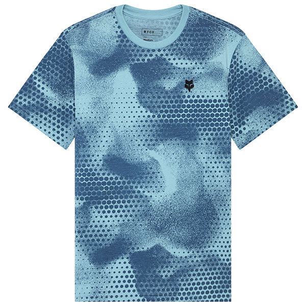 Professional studio photo of Fox Racing AOP Tech Tee; showing tee fit, printed graphics, and crew neckline; SKU 33405-402-S; Colors: Vintage Wash