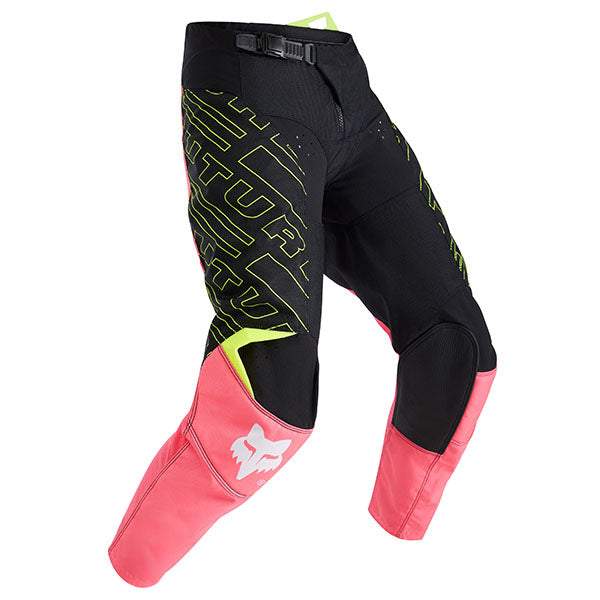 Front view of Fox Racing Youth 180 Elevated Pants in Pink (SKU: 33552-170), featuring RAP fit and bold graphics
