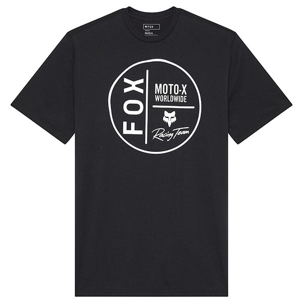 Professional studio photo of Fox Racing Worldwide Premium Tee; showing tee fit, printed graphics, and crew neckline; SKU 33825-001-S; Sizes: S-2XL