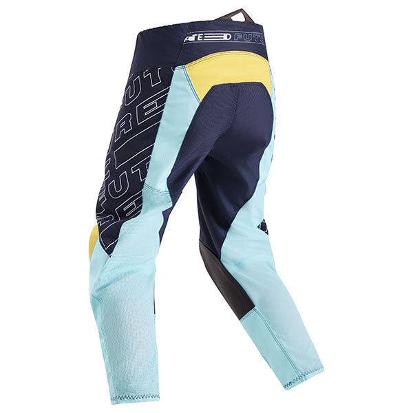 Side profile of Light Blue Youth 180 Elevated Pants (SKU: 33552-116), highlighting stretch zones and articulated knees
