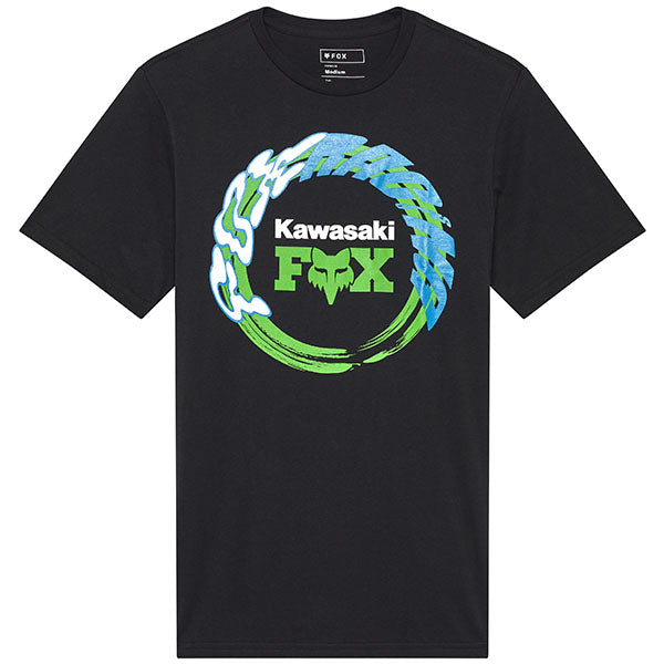 Professional studio photo of Fox Racing Kawasaki Tee; showing tee fit, printed graphics, and crew neckline; SKU 33424-001-S; Sizes: S-2XL