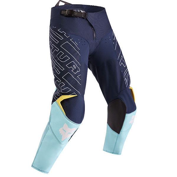 Front view of Fox Racing Youth 180 Elevated Pants in Light Blue (SKU: 33552-116), showing RAP fit and race graphics