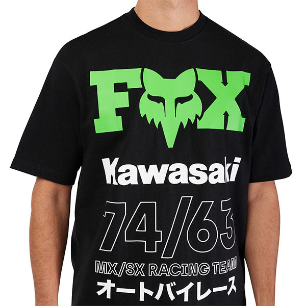 Clean studio shot of Fox Racing Kawasaki Oversized Tee; showing tee fit, printed graphics, and crew neckline; SKU 33423-001-S; Colors: Black