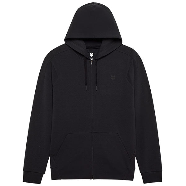 Front view of Fox Racing Rise Zip Hoodie in Black, SKU 33686-001, featuring full-length zipper, Fox chest logo, and articulated fit