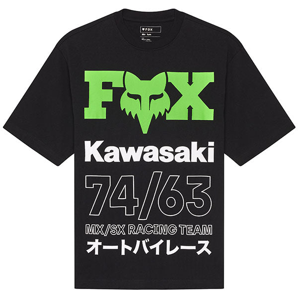 Professional studio photo of Fox Racing Kawasaki Oversized Tee; showing tee fit, printed graphics, and crew neckline; SKU 33423-001-S; Colors: Black