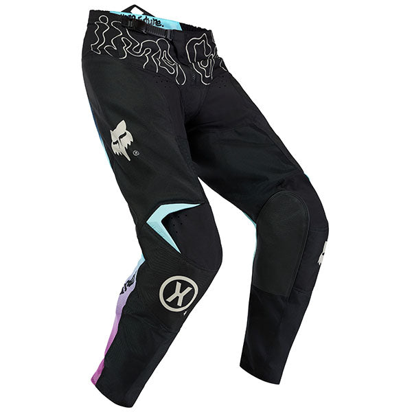 Front view of Fox Racing 180 Hello Future Pants in Black (SKU: 33542-001), showing RAP ergonomic fit and futuristic graphics