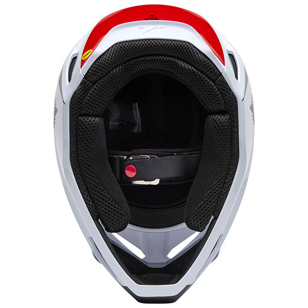 Interior view of Black/White V1 Flow Helmet (SKU: 33701-077), showing MIPS® liner and padded cheek structure, sizes XS, SM, MD, LG, XL, size XS, sizes XS to XL.