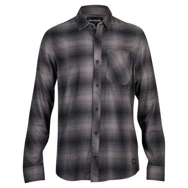 Crisp studio image on a white background of Fox Racing; showing flannel shirt fit, button front, and plaid pattern; SKU 31737-001-S