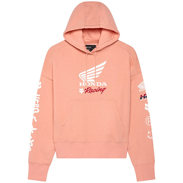 Front view of Fox x Honda Oversized Pullover Hoodie in Pale Pink, SKU 33574-273, featuring Honda chest logo and kangaroo pocket