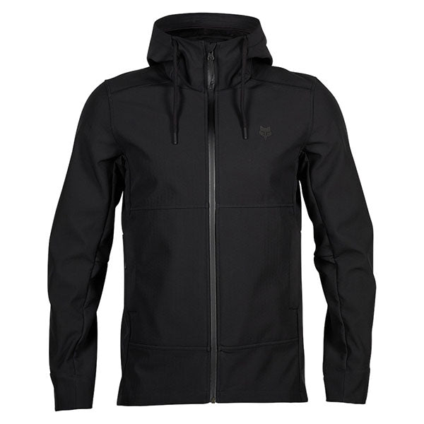 Front view of Fox Racing Pit Jacket in Black, SKU 33688-001, featuring waterproof stretch woven fabric and soft knit interior