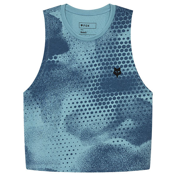 High-resolution studio image of Fox Racing AOP Biker Tech Tank Top; showing sleeveless cut, hem shape, and printed or woven branding; SKU 33595-402