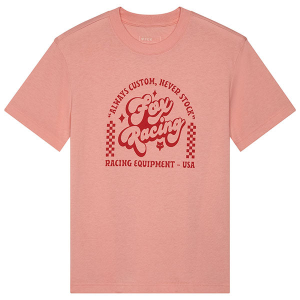 Studio photo on a white background of Fox Racing Never Stock Tee (Womens); showing tee fit, printed graphics, and crew neckline; SKU 33589-273-XS
