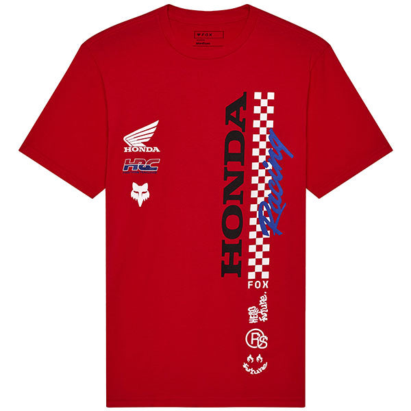 Professional studio photo of Fox Racing Honda Tee; showing tee fit, printed graphics, and crew neckline; SKU 33422-003-S; Colors: Red, Black, Optic White