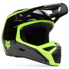 Left side profile of Black/Green V1 Flow Helmet (SKU: 33701-019), showing vent layout and bold green graphics, sizes XS, SM, MD, LG, XL, size XS, sizes XS to XL.