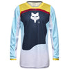 Front view of Fox Racing Youth 180 Elevated Jersey in Light Blue (SKU: 33551-116), showing breathable mesh and race graphics
