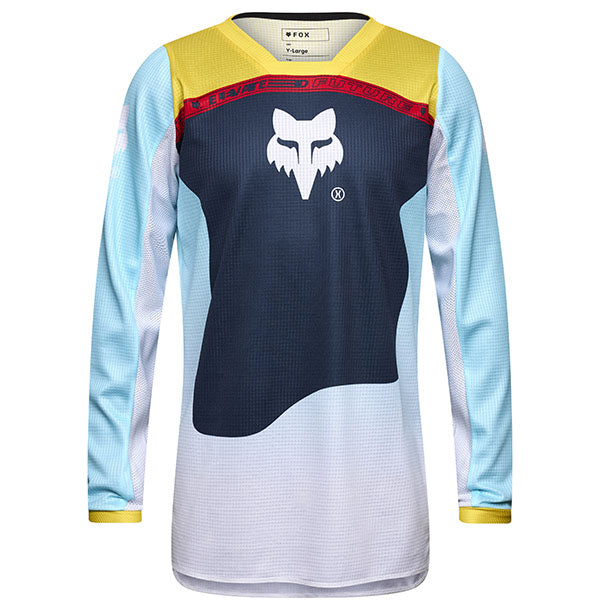Front view of Fox Racing Youth 180 Elevated Jersey in Light Blue (SKU: 33551-116), showing breathable mesh and race graphics