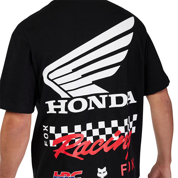 Clean studio shot of Fox Racing Honda Oversized Tee; showing tee fit, printed graphics, and crew neckline; SKU 33421-001-S; Colors: Black; Sizes: S-2XL