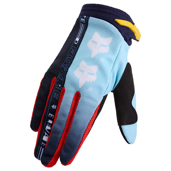 Front view of Fox Racing Youth 180 Elevated Gloves in Light Blue (SKU: 33550-116), showing padded palm and wrist closure