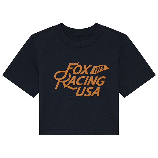 Studio photo on a white background of Fox Racing Fox USA Baby Tee (Womens); showing tee fit, printed graphics, and crew neckline; SKU 33588-329-XS
