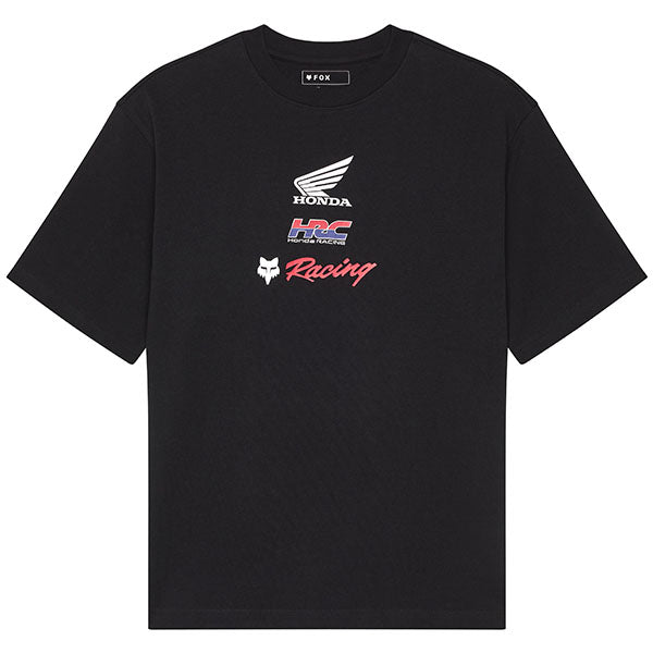 Clean studio shot of Fox Racing Honda Oversized Tee; showing tee fit, printed graphics, and crew neckline; SKU 33421-001-S; Colors: Black; Sizes: S-2XL
