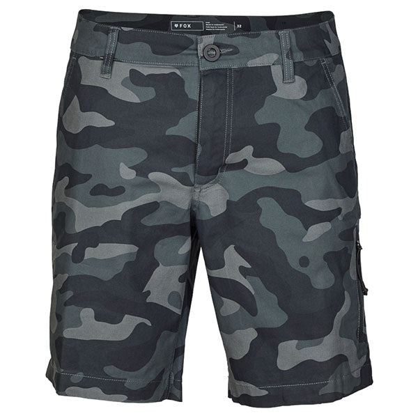 Front view of Fox Racing Essex Camo 3.0 Shorts in Black Camo, SKU 31672-247, featuring chino styling and stretch twill