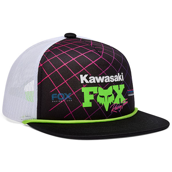 Front view of Youth Fox x Kawasaki Snapback Hat in Black, SKU 33562-001, featuring Kawasaki and Fox logos on structured crown