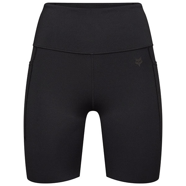 Front view of Fox Racing Women's Motive Biker Shorts in Black (SKU: 33581-001), featuring high-rise waistband and moisture-wicking stretch fabric