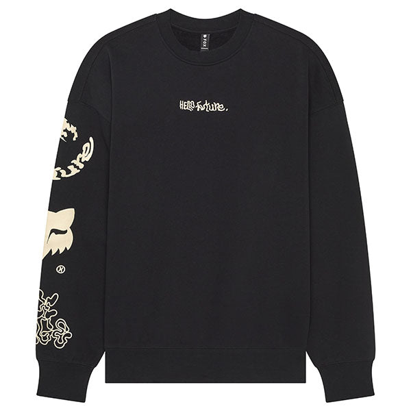Front view of Fox Racing Hello Future Oversized Crew Pullover in Black, SKU 33379-001, featuring puff ink graphics and relaxed fit