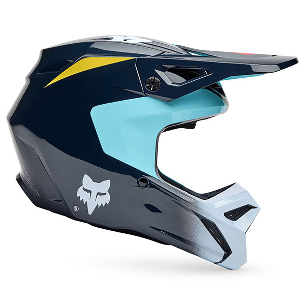Front view of Fox Racing SKU 33549-116Y Youth V1 Elevated Helmet in Light Blue (SKU: 33549-116), showing aerodynamic shell and visor