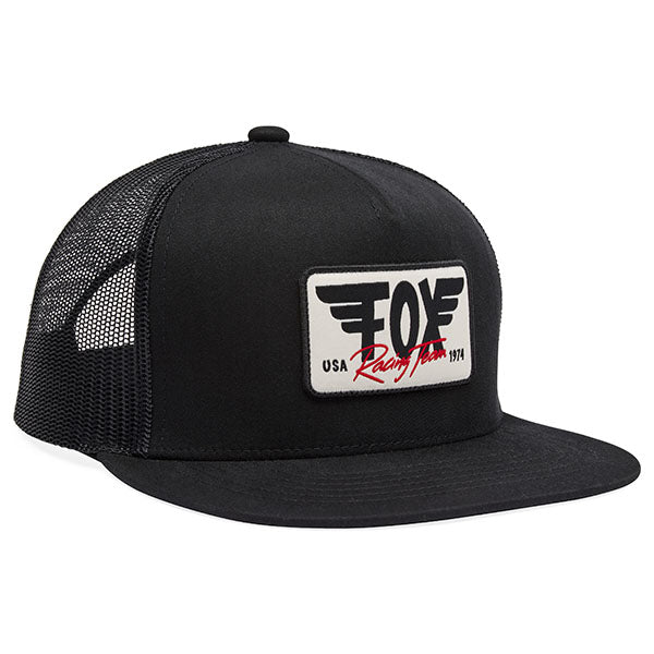 Front view of Fox Racing Winged Trucker Hat in Black, SKU 33398-001, featuring embroidered winged Fox patch and flat bill