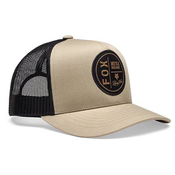 Front view of Fox Racing Worldwide Trucker Hat in Iron, SKU 33394-355, featuring embroidered global Fox graphic and flat bill