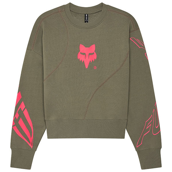 Front view of Fox Racing Elevated Oversized Crew Sweatshirt for women in Adobe (SKU: 33573-291), featuring asymmetrical seaming and tonal Fox branding
