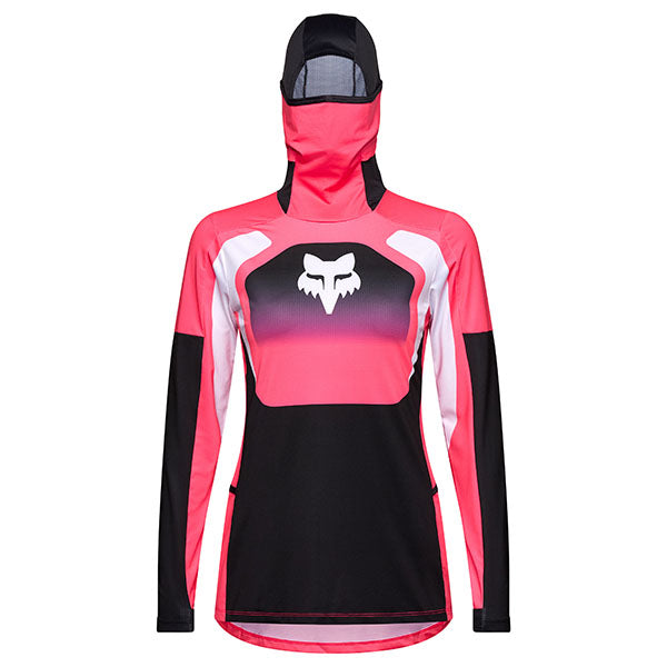 Front view of Fox Racing Women’s Ranger Drive Jersey in Pink with lilac sleeves (SKU: 33547-170), featuring integrated neck buff and ergonomic fit