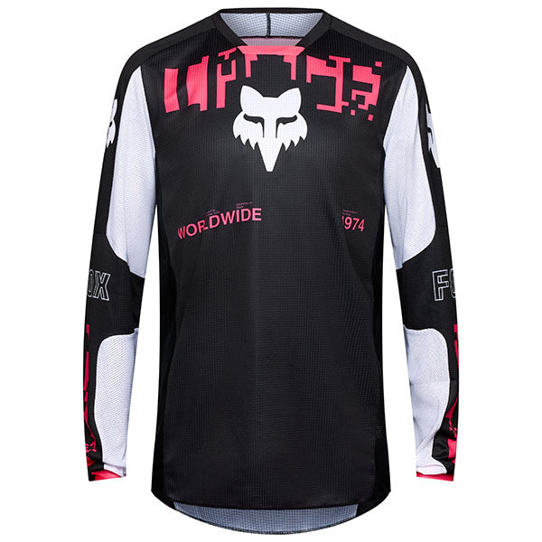 Front view of Fox Racing 180 Digi Image Jersey in Black and Pink (SKU: 33535-285), featuring TruDri® fabric and bold zebra graphics