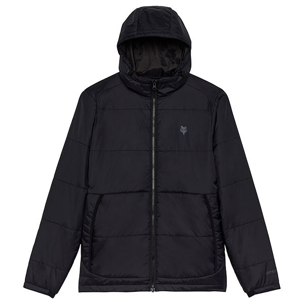 Front view of Fox Racing Ridgeway Jacket in Black, SKU 33119-001, featuring zip front and hooded design
