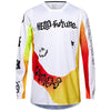 Front view of Fox Racing 180 Hello Future Jersey in White and Yellow (SKU: 33534-008), featuring moisture-wicking fabric and vibrant graphics