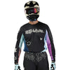 Rear view of Fox Racing 180 Hello Future Jersey in Black and Blue (SKU: 33534-001), showing drop-tail design